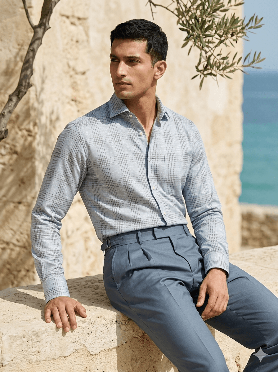 Blue Brown Jacquard Cotton Shirt