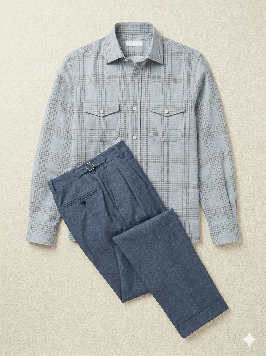 Blue Brown Jacquard Cotton Shirt