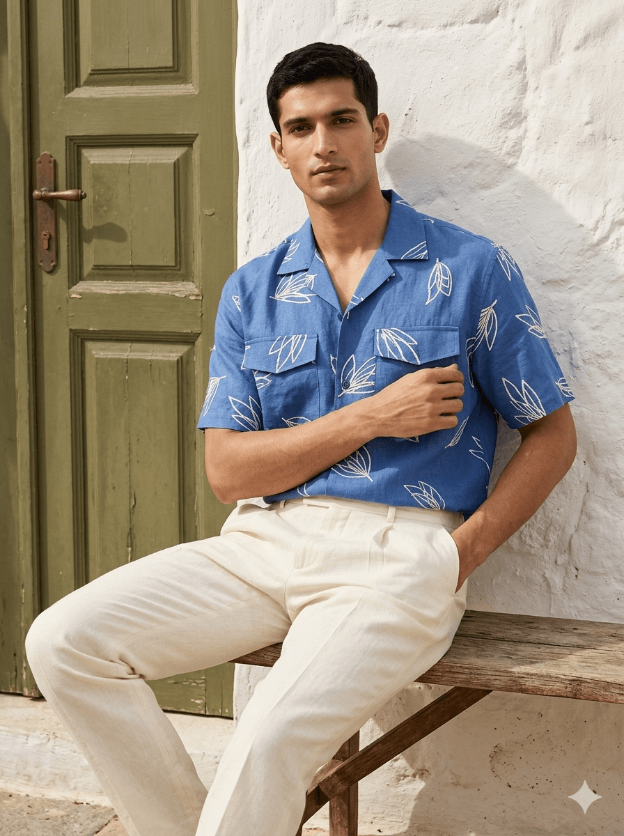 Blue Embroidered Floral Shirt