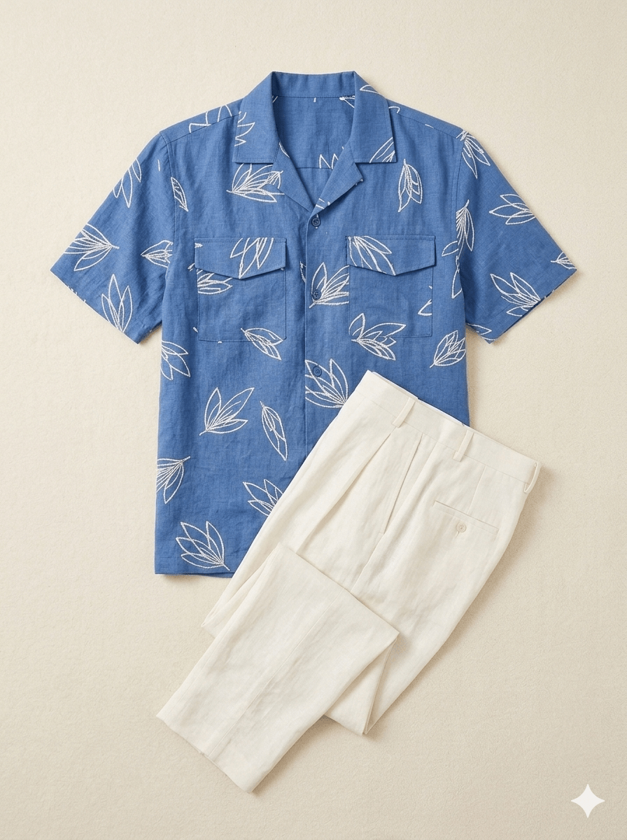 Blue Embroidered Floral Shirt