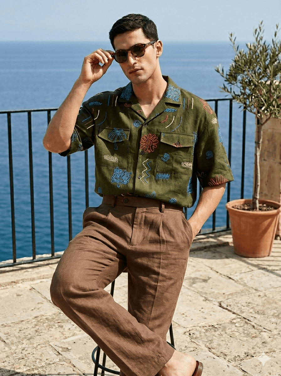 Green Red Embroidered Imported Shirt
