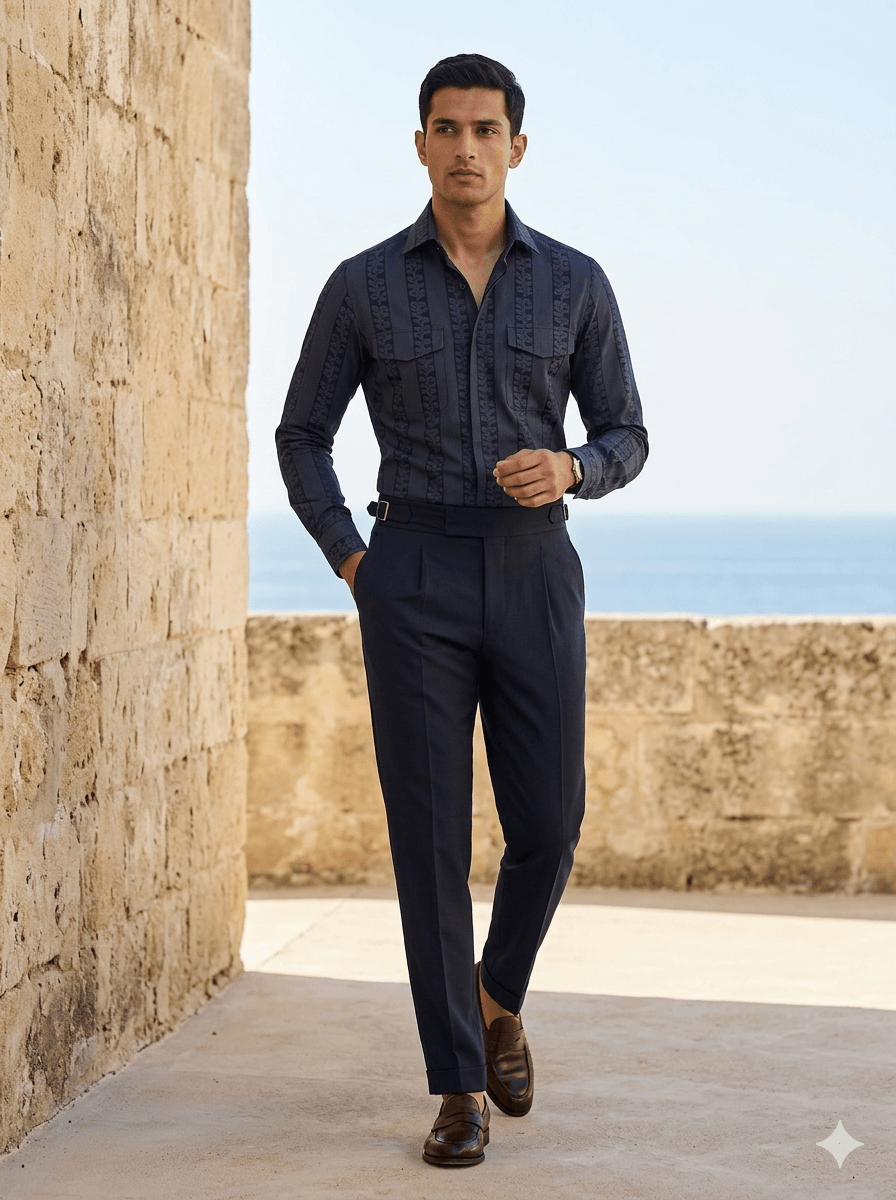 Navy Jacquard Cotton Shirt