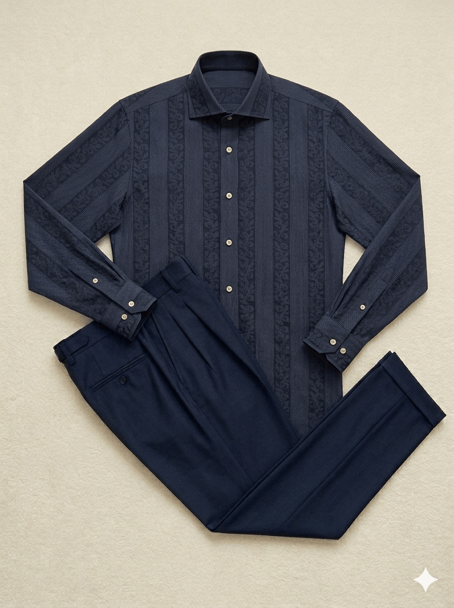 Navy Jacquard Cotton Shirt